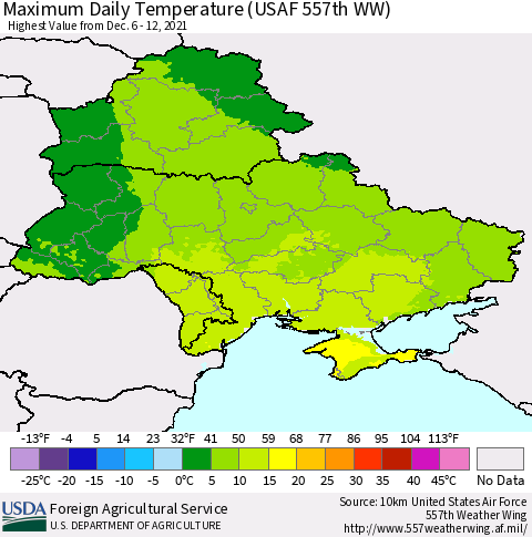 Ukraine, Moldova and Belarus Extreme Maximum Temperature (USAF 557th WW) Thematic Map For 12/6/2021 - 12/12/2021