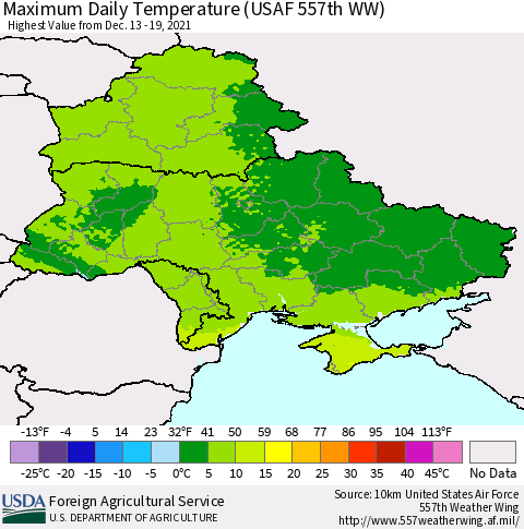 Ukraine, Moldova and Belarus Extreme Maximum Temperature (USAF 557th WW) Thematic Map For 12/13/2021 - 12/19/2021