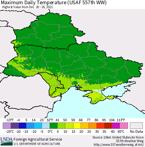 Ukraine, Moldova and Belarus Maximum Daily Temperature (USAF 557th WW) Thematic Map For 12/20/2021 - 12/26/2021
