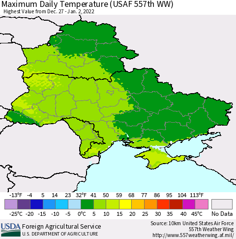 Ukraine, Moldova and Belarus Maximum Daily Temperature (USAF 557th WW) Thematic Map For 12/27/2021 - 1/2/2022