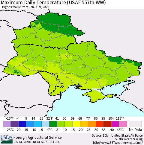 Ukraine, Moldova and Belarus Maximum Daily Temperature (USAF 557th WW) Thematic Map For 1/3/2022 - 1/9/2022