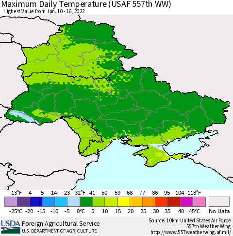 Ukraine, Moldova and Belarus Maximum Daily Temperature (USAF 557th WW) Thematic Map For 1/10/2022 - 1/16/2022
