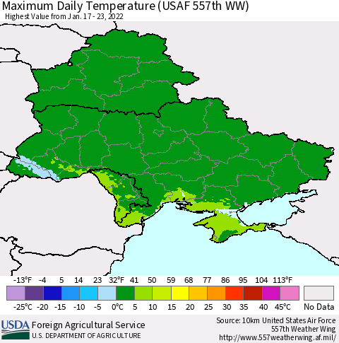 Ukraine, Moldova and Belarus Maximum Daily Temperature (USAF 557th WW) Thematic Map For 1/17/2022 - 1/23/2022