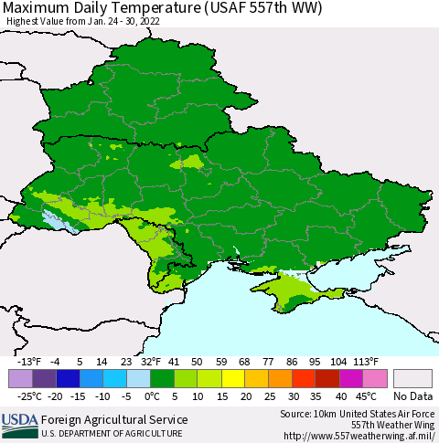 Ukraine, Moldova and Belarus Maximum Daily Temperature (USAF 557th WW) Thematic Map For 1/24/2022 - 1/30/2022