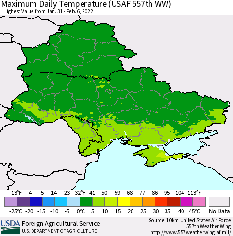 Ukraine, Moldova and Belarus Maximum Daily Temperature (USAF 557th WW) Thematic Map For 1/31/2022 - 2/6/2022