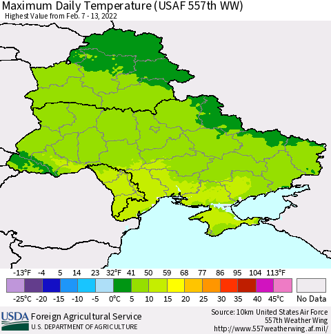 Ukraine, Moldova and Belarus Maximum Daily Temperature (USAF 557th WW) Thematic Map For 2/7/2022 - 2/13/2022
