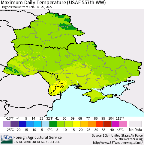 Ukraine, Moldova and Belarus Maximum Daily Temperature (USAF 557th WW) Thematic Map For 2/14/2022 - 2/20/2022