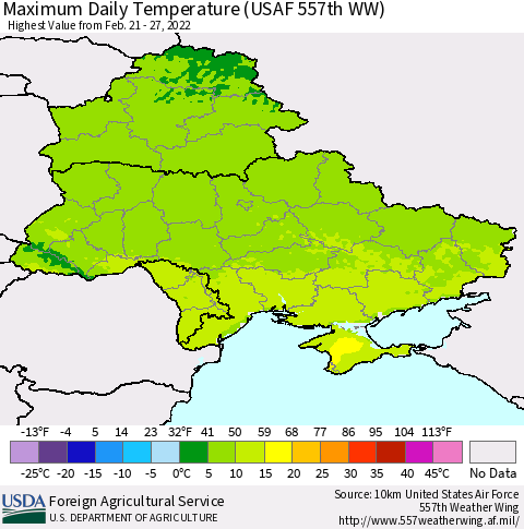 Ukraine, Moldova and Belarus Maximum Daily Temperature (USAF 557th WW) Thematic Map For 2/21/2022 - 2/27/2022