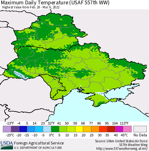 Ukraine, Moldova and Belarus Maximum Daily Temperature (USAF 557th WW) Thematic Map For 2/28/2022 - 3/6/2022