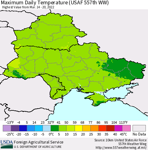 Ukraine, Moldova and Belarus Maximum Daily Temperature (USAF 557th WW) Thematic Map For 3/14/2022 - 3/20/2022
