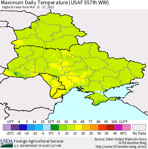 Ukraine, Moldova and Belarus Maximum Daily Temperature (USAF 557th WW) Thematic Map For 3/21/2022 - 3/27/2022