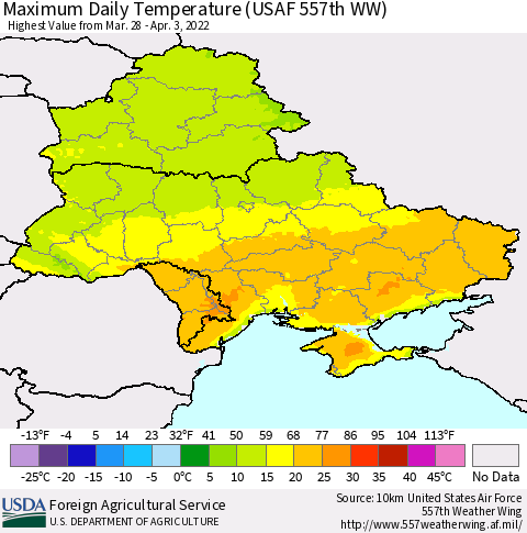 Ukraine, Moldova and Belarus Maximum Daily Temperature (USAF 557th WW) Thematic Map For 3/28/2022 - 4/3/2022