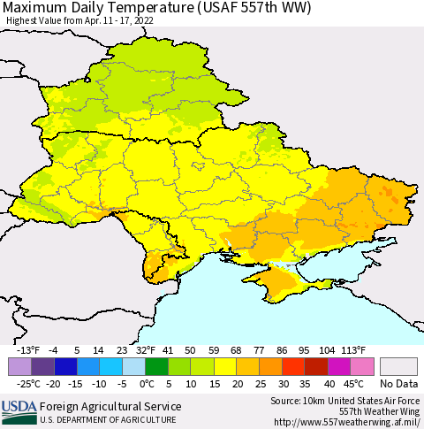 Ukraine, Moldova and Belarus Extreme Maximum Temperature (USAF 557th WW) Thematic Map For 4/11/2022 - 4/17/2022
