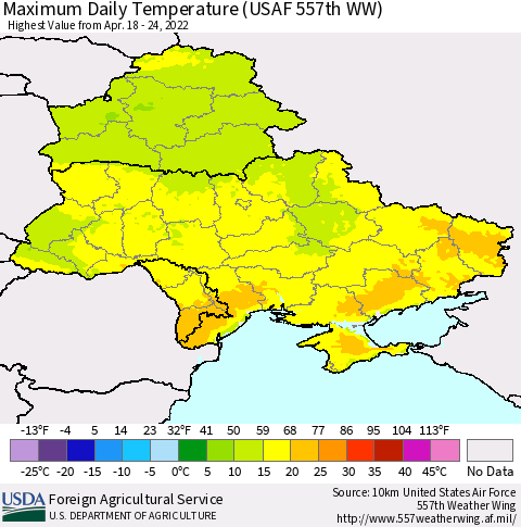 Ukraine, Moldova and Belarus Maximum Daily Temperature (USAF 557th WW) Thematic Map For 4/18/2022 - 4/24/2022