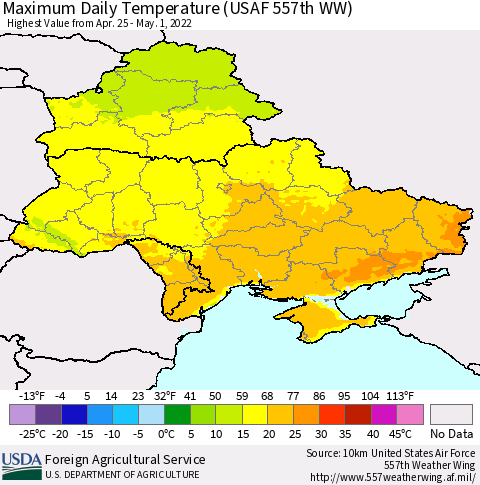Ukraine, Moldova and Belarus Maximum Daily Temperature (USAF 557th WW) Thematic Map For 4/25/2022 - 5/1/2022