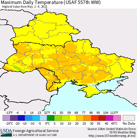 Ukraine, Moldova and Belarus Maximum Daily Temperature (USAF 557th WW) Thematic Map For 5/2/2022 - 5/8/2022