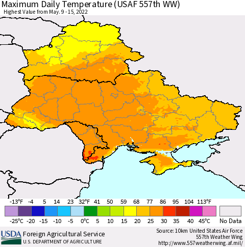 Ukraine, Moldova and Belarus Extreme Maximum Temperature (USAF 557th WW) Thematic Map For 5/9/2022 - 5/15/2022