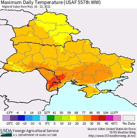 Ukraine, Moldova and Belarus Extreme Maximum Temperature (USAF 557th WW) Thematic Map For 5/16/2022 - 5/22/2022