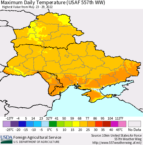 Ukraine, Moldova and Belarus Maximum Daily Temperature (USAF 557th WW) Thematic Map For 5/23/2022 - 5/29/2022