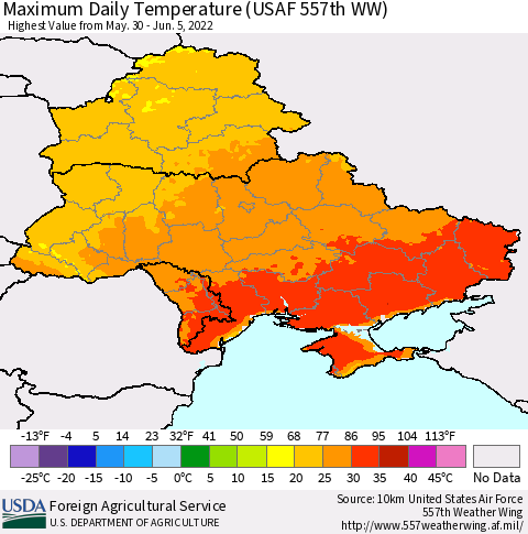 Ukraine, Moldova and Belarus Extreme Maximum Temperature (USAF 557th WW) Thematic Map For 5/30/2022 - 6/5/2022