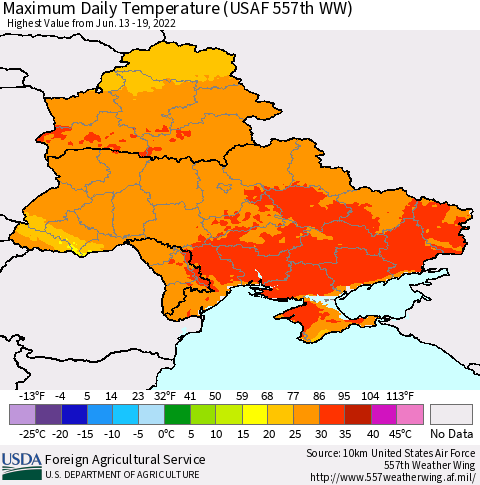 Ukraine, Moldova and Belarus Extreme Maximum Temperature (USAF 557th WW) Thematic Map For 6/13/2022 - 6/19/2022