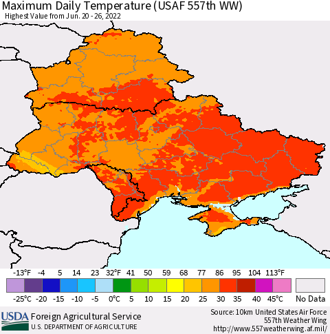 Ukraine, Moldova and Belarus Extreme Maximum Temperature (USAF 557th WW) Thematic Map For 6/20/2022 - 6/26/2022