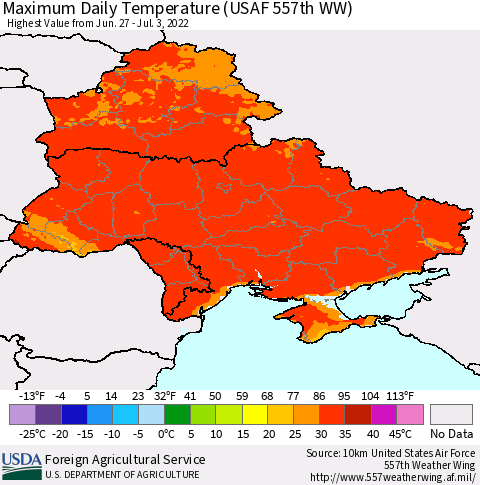 Ukraine, Moldova and Belarus Maximum Daily Temperature (USAF 557th WW) Thematic Map For 6/27/2022 - 7/3/2022
