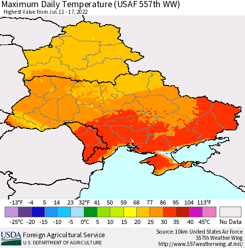 Ukraine, Moldova and Belarus Maximum Daily Temperature (USAF 557th WW) Thematic Map For 7/11/2022 - 7/17/2022