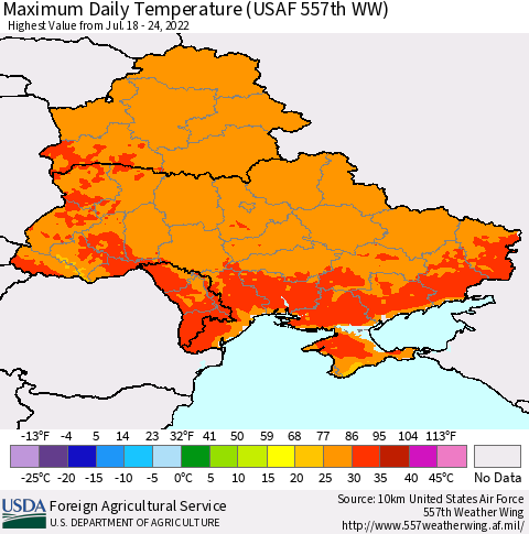 Ukraine, Moldova and Belarus Maximum Daily Temperature (USAF 557th WW) Thematic Map For 7/18/2022 - 7/24/2022