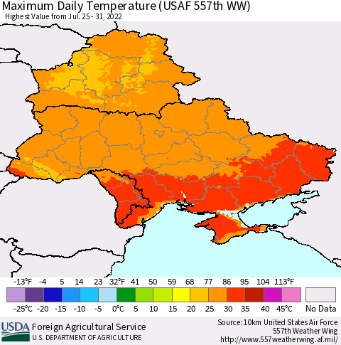 Ukraine, Moldova and Belarus Maximum Daily Temperature (USAF 557th WW) Thematic Map For 7/25/2022 - 7/31/2022