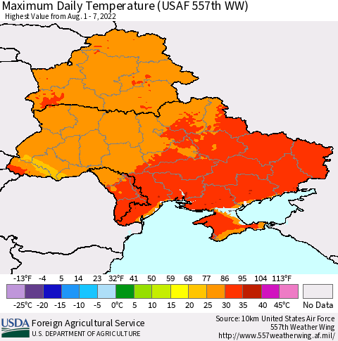 Ukraine, Moldova and Belarus Maximum Daily Temperature (USAF 557th WW) Thematic Map For 8/1/2022 - 8/7/2022