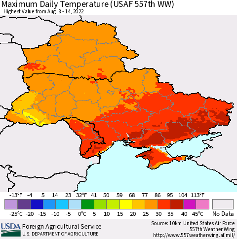 Ukraine, Moldova and Belarus Maximum Daily Temperature (USAF 557th WW) Thematic Map For 8/8/2022 - 8/14/2022