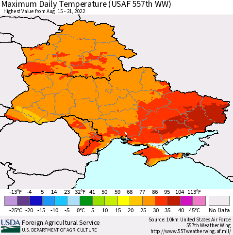 Ukraine, Moldova and Belarus Maximum Daily Temperature (USAF 557th WW) Thematic Map For 8/15/2022 - 8/21/2022