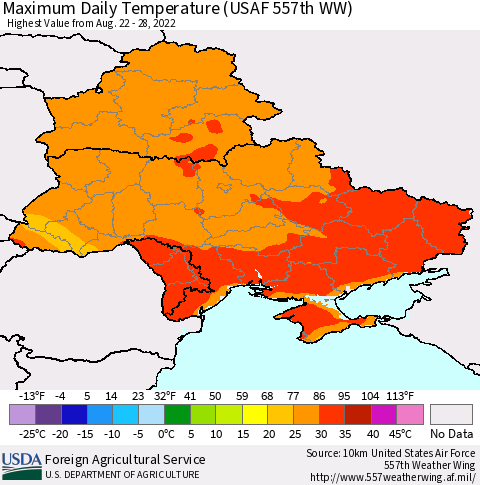 Ukraine, Moldova and Belarus Maximum Daily Temperature (USAF 557th WW) Thematic Map For 8/22/2022 - 8/28/2022