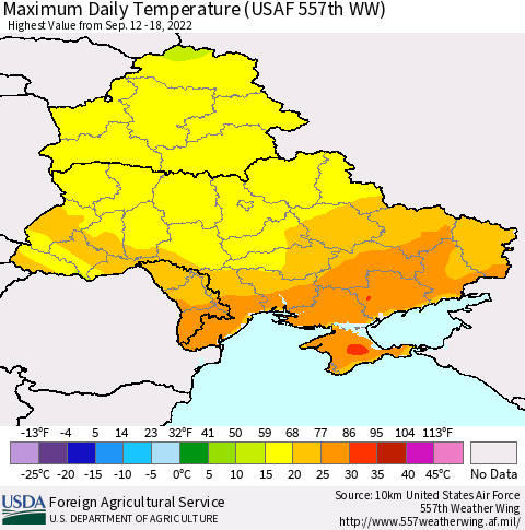 Ukraine, Moldova and Belarus Maximum Daily Temperature (USAF 557th WW) Thematic Map For 9/12/2022 - 9/18/2022