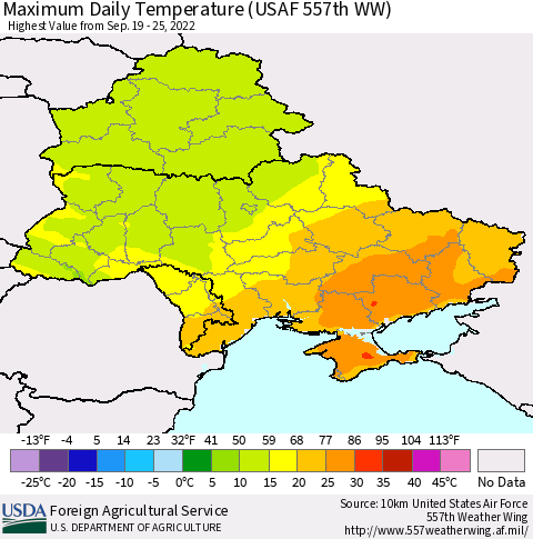 Ukraine, Moldova and Belarus Maximum Daily Temperature (USAF 557th WW) Thematic Map For 9/19/2022 - 9/25/2022