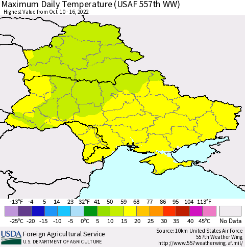 Ukraine, Moldova and Belarus Maximum Daily Temperature (USAF 557th WW) Thematic Map For 10/10/2022 - 10/16/2022
