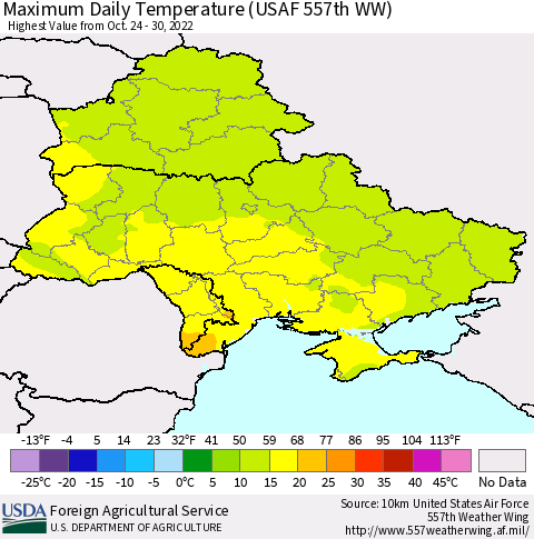Ukraine, Moldova and Belarus Maximum Daily Temperature (USAF 557th WW) Thematic Map For 10/24/2022 - 10/30/2022