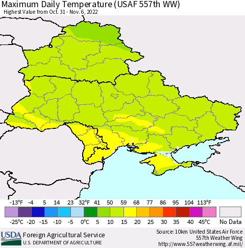 Ukraine, Moldova and Belarus Maximum Daily Temperature (USAF 557th WW) Thematic Map For 10/31/2022 - 11/6/2022