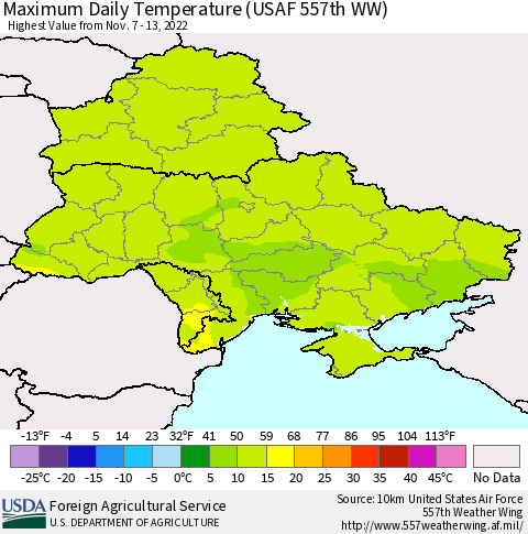 Ukraine, Moldova and Belarus Maximum Daily Temperature (USAF 557th WW) Thematic Map For 11/7/2022 - 11/13/2022