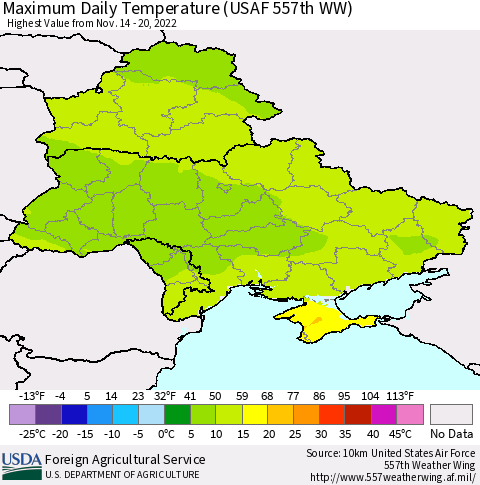 Ukraine, Moldova and Belarus Maximum Daily Temperature (USAF 557th WW) Thematic Map For 11/14/2022 - 11/20/2022