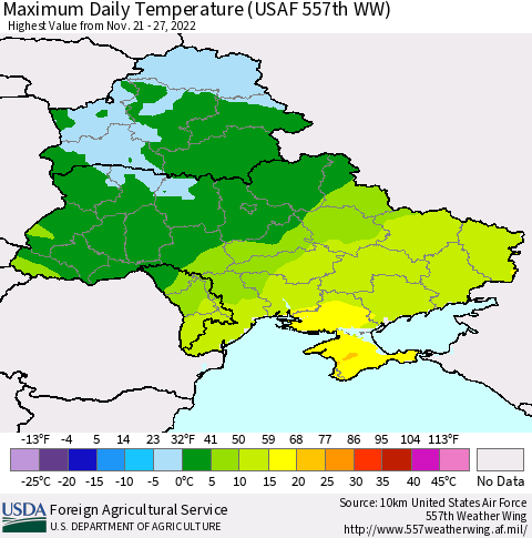 Ukraine, Moldova and Belarus Maximum Daily Temperature (USAF 557th WW) Thematic Map For 11/21/2022 - 11/27/2022