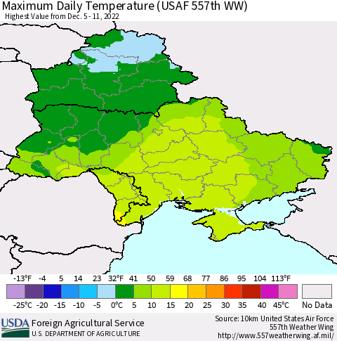 Ukraine, Moldova and Belarus Maximum Daily Temperature (USAF 557th WW) Thematic Map For 12/5/2022 - 12/11/2022