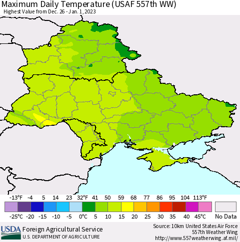 Ukraine, Moldova and Belarus Maximum Daily Temperature (USAF 557th WW) Thematic Map For 12/26/2022 - 1/1/2023