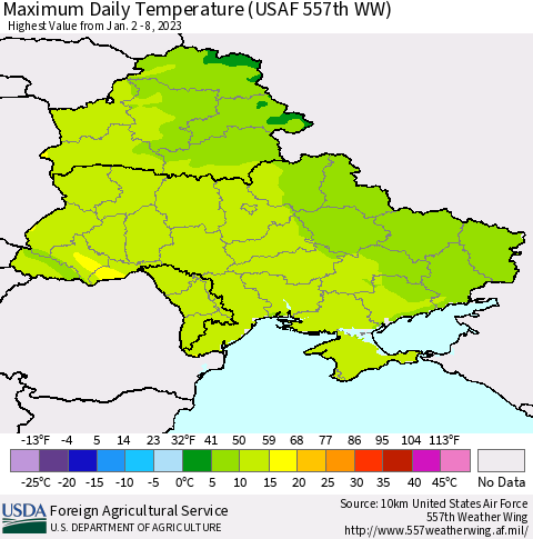 Ukraine, Moldova and Belarus Maximum Daily Temperature (USAF 557th WW) Thematic Map For 1/2/2023 - 1/8/2023