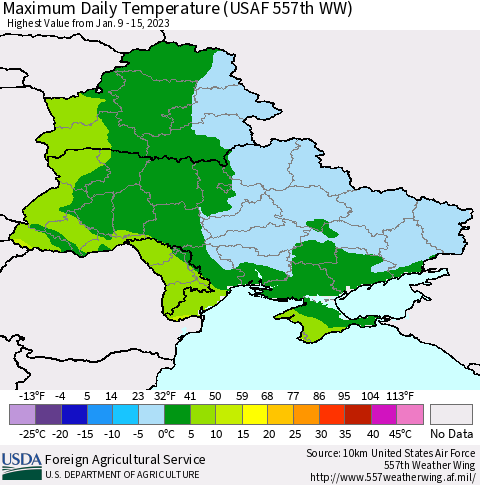 Ukraine, Moldova and Belarus Maximum Daily Temperature (USAF 557th WW) Thematic Map For 1/9/2023 - 1/15/2023