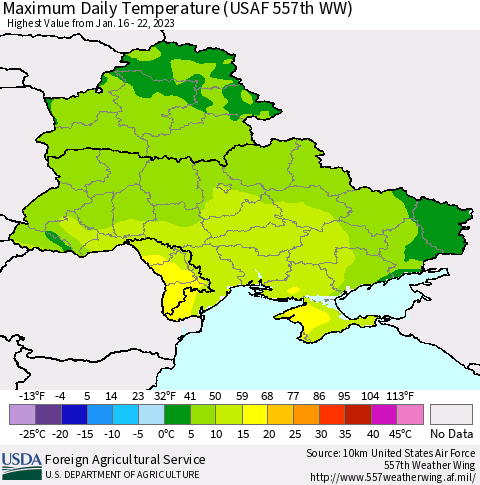 Ukraine, Moldova and Belarus Maximum Daily Temperature (USAF 557th WW) Thematic Map For 1/16/2023 - 1/22/2023