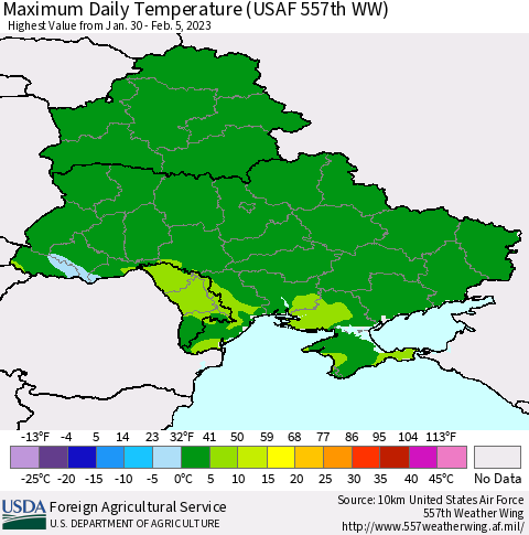 Ukraine, Moldova and Belarus Maximum Daily Temperature (USAF 557th WW) Thematic Map For 1/30/2023 - 2/5/2023