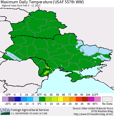 Ukraine, Moldova and Belarus Maximum Daily Temperature (USAF 557th WW) Thematic Map For 2/6/2023 - 2/12/2023
