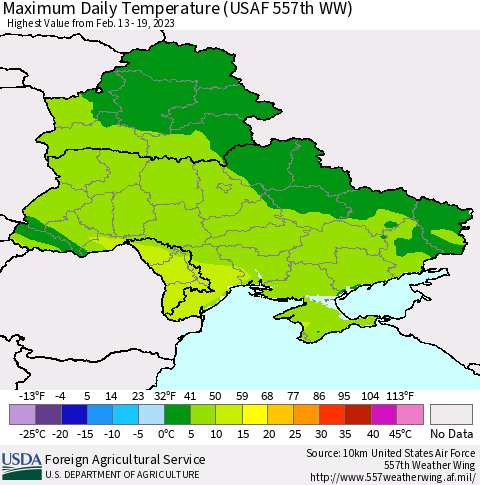 Ukraine, Moldova and Belarus Maximum Daily Temperature (USAF 557th WW) Thematic Map For 2/13/2023 - 2/19/2023